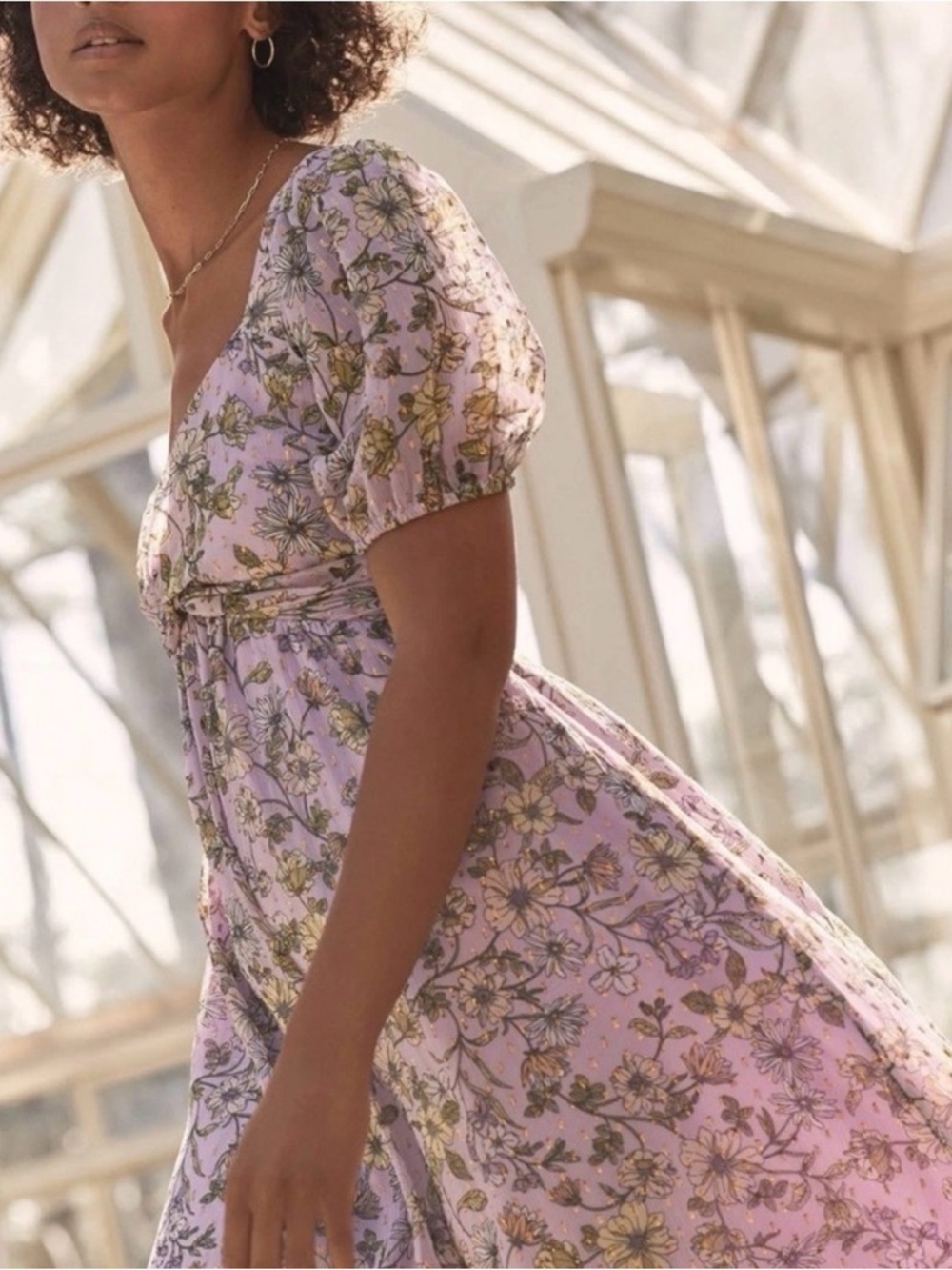 LOFT Floral Clip Knotted Balloon Sleeve Midi Dress - Picture 2 of 11